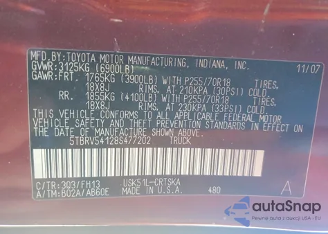 2008 Toyota Tundra Double Cab z USA, uszkodzony, nr VIN 5TBRV54128S477202